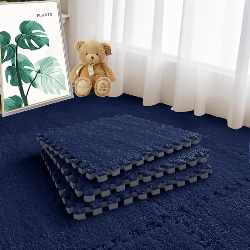 JADERLU 16pcs 0.6" Thickened Interlocking Tile Mats,Fluffy Shaggy Soft EVA Foam Area Rug for Living Room&Bedroom,Non-Slip Protective Floor Carpet Play Mat Kids Baby Dorm Home Decor 11.8ft (Navy Blue) - Image 1